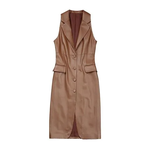 Women's genuine leather blazer - New 2025 Women Fashion Sleeveless Suit Midi Dress High Wai | OurHomly
