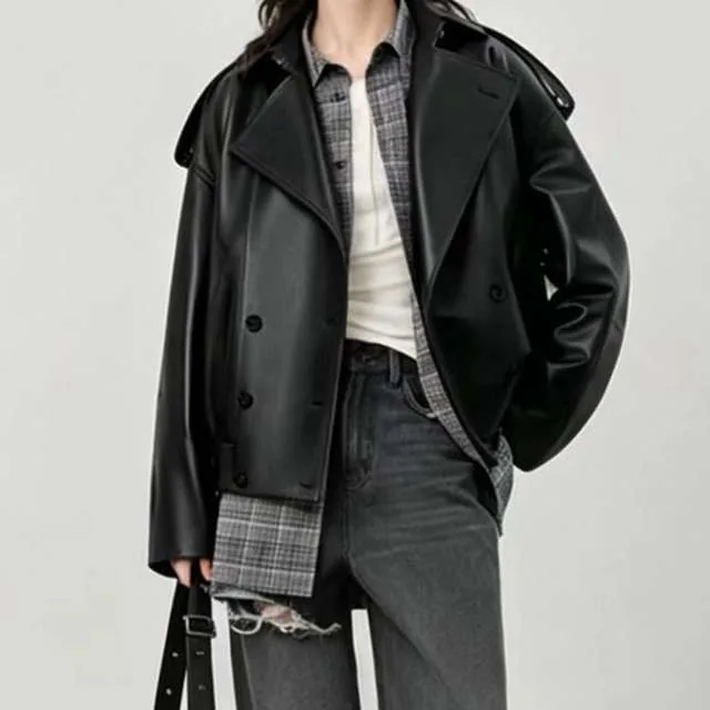 Women's genuine leather coat - Luxury Vintage Street Women's Loose Oversized Spliced Doub | OurHomly