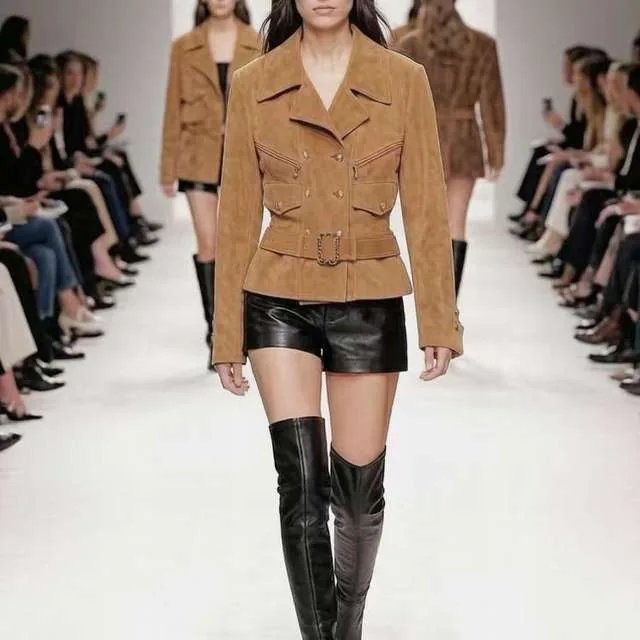 Women's genuine leather coat - Trendy Elegant Lady Waist Belt Cinched Spliced Button Crop | OurHomly