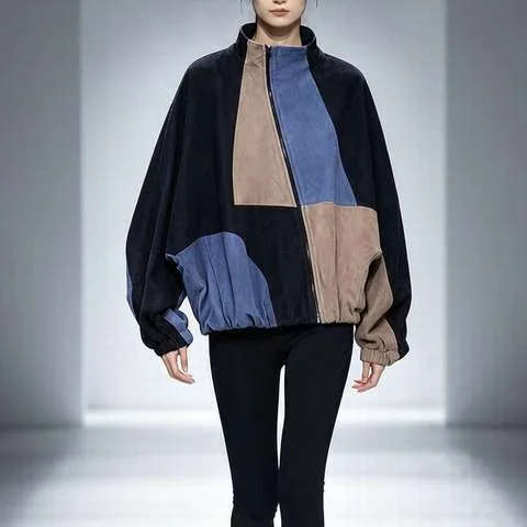 Women's genuine leather coat - HN6141 Luxury Street Trend Loose Batwing Sleeve Spliced Zi | OurHomly