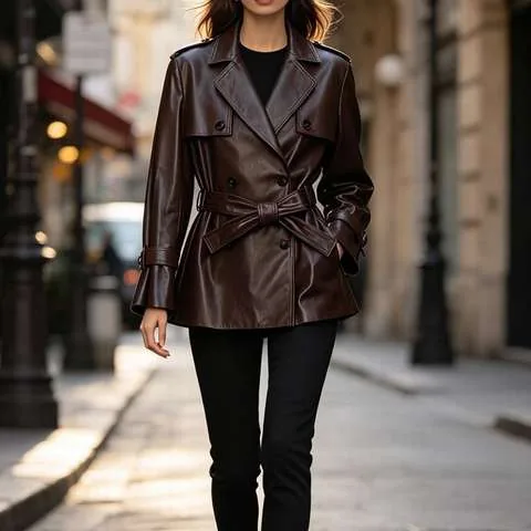 Women's genuine leather coat - HN4281 Retro Style Genuine Leather Jacket Waxed Sheepskin | OurHomly