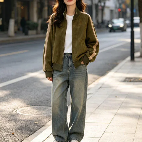 Women's genuine leather coat - HN601 Zip up American Vintage Baseball Style Sleeve Color | OurHomly