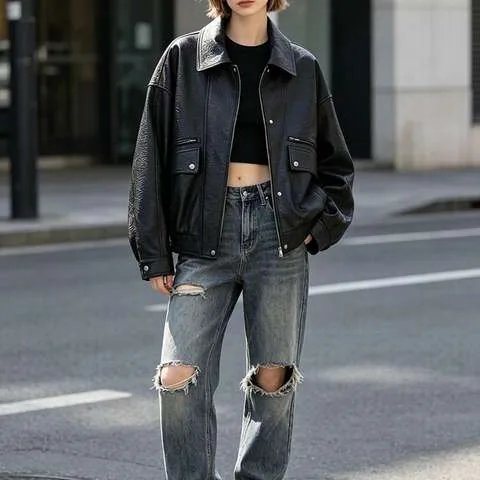 Women's genuine leather coat - HN6102-1 European American Biker Style Oversized Silhouett | OurHomly