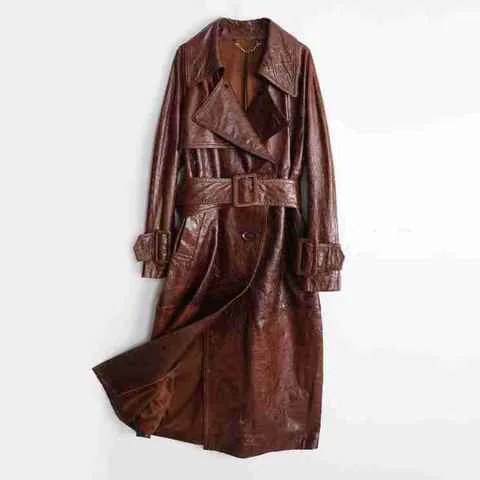 Women's genuine leather coat - New Design Classic Vintage Double Breasted Lapel Long Real | OurHomly