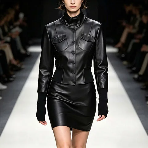 Women's genuine leather coat - HN6147 Women's Black Vintage Slim-Fit Design with Ribbed C | OurHomly