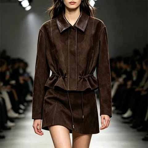 Women's genuine leather coat - HN6148 Women's Coffee Brown Suede Sheepskin Jacket Turn-do | OurHomly