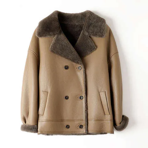 Women's genuine leather coat - Leather and Fur Winter Patchwork Casual Style Mid Length C | OurHomly