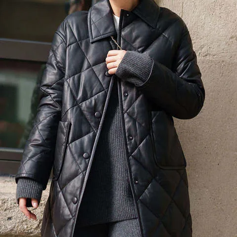 Women's genuine leather coat - New Arrivals Elegant Black Sheepskin Lapel Rhombus Single | OurHomly