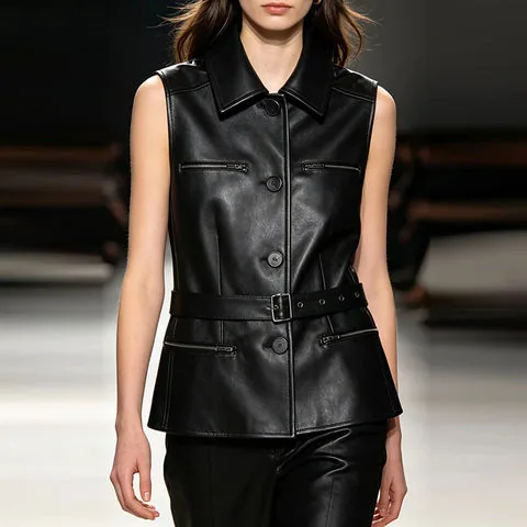Women's genuine leather coat - HN4276 2026 Summer Biker Style Waistcoat with Belt Zip Det | OurHomly