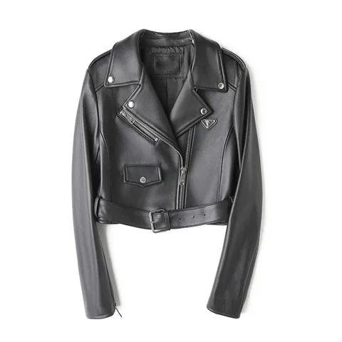 Women's genuine leather coat - Fashion Turn Down Collar Zipper Long Sleeves Short Style N | OurHomly