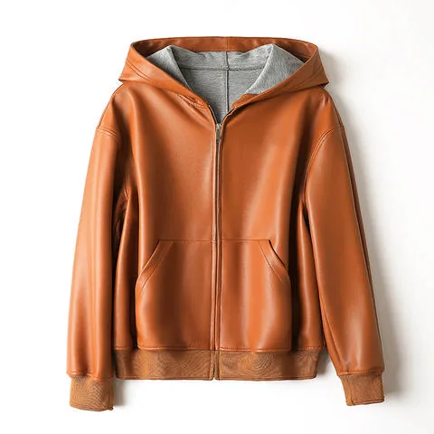 Women's genuine leather coat - High Quality Autumn New Sheepskin Jacket Hooded Leather Zi | OurHomly