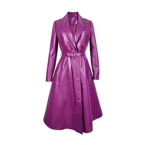 Women's genuine leather coat - New One Button Belt Super Long Swing Suit Collar Sheepskin | OurHomly