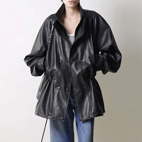 Women's genuine leather coat - New Black Vintage Waxed Sheepskin Casual Double-breasted Z | OurHomly
