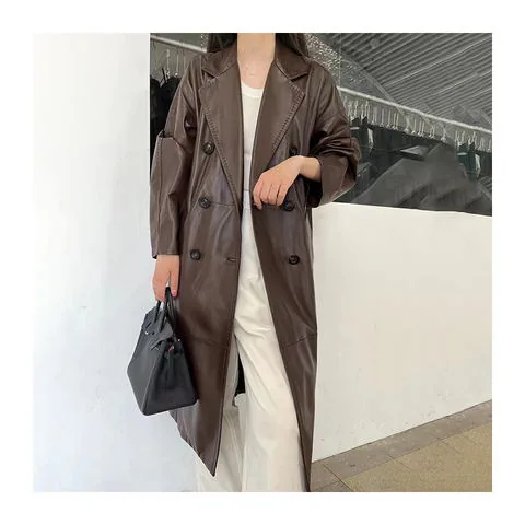 Women's genuine leather coat - Factory Price Long Sleeves Double Breasted Long Black Real | OurHomly
