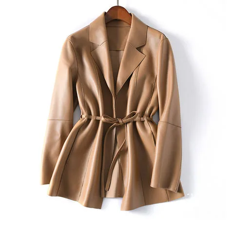 Women's genuine leather coat - New Design Office Lady Solid Color Long Sleeves Belt Women | OurHomly