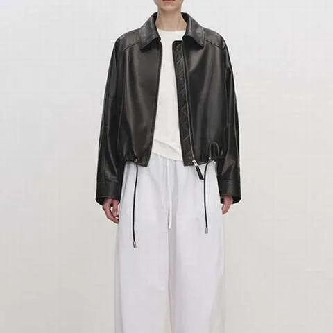 Women's genuine leather coat - HN5239 Women's Lapel Vegetable Tanned Sheepskin Biker Jack | OurHomly