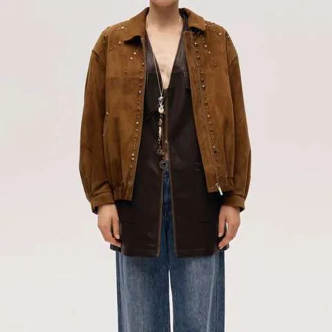Women's genuine leather coat - Autumn Winter Women's Lapel Suede Sheepskin Coat Loose Riv | OurHomly