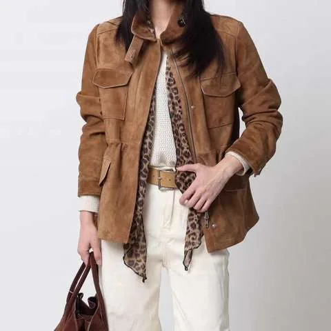 Women's genuine leather coat - Autumn Winter Women's Stand Collar Suede Goatskin Coat Mid | OurHomly