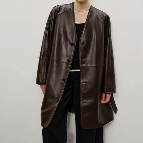 Women's genuine leather coat - Autumn Winter Women's V-Neck Semi-Tanned Sheepskin Trench | OurHomly