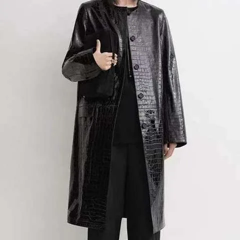 Women's genuine leather coat - Autumn Women's Collarless Embossed Croc Sheepskin Coat Loo | OurHomly