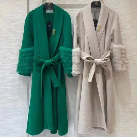 Women's genuine leather coat - Women Luxury Woolen Overcoat Multi-colors Belt Long Wool C | OurHomly
