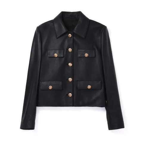 Women's genuine leather coat - Casual Versatile Black Sheepskin Lapel Long-sleeved Leathe | OurHomly
