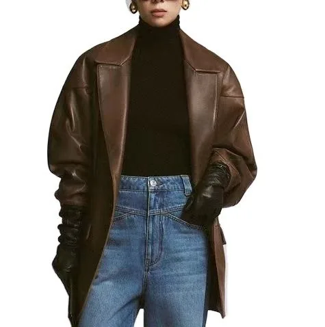 Women's genuine leather coat - New Trendy Women's Long Leather Coat Long Sleeves Pocket S | OurHomly