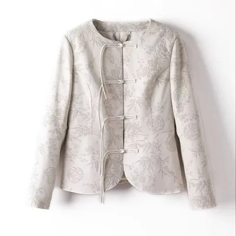 Women's genuine leather coat - Spring New Arrival Sheepskin Printing Jacket Knot Button C | OurHomly