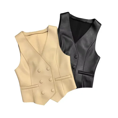 Women's genuine leather coat - Fashion and Simple Double Breasted V-neck Genuine Leather | OurHomly