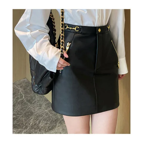 Women's genuine leather coat - Street Style High Waist Golden Coating Decoration Genuine | OurHomly