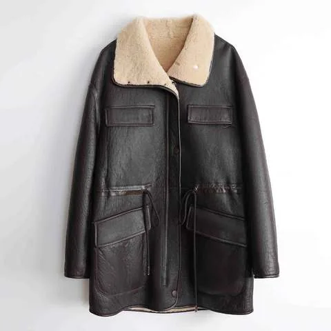 Women's genuine leather coat - Winter Fall Stylish Long Sleeves Pocket Loose Windproof Wa | OurHomly