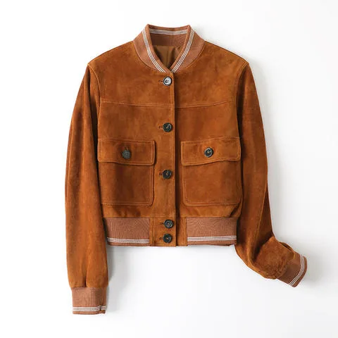 Women's genuine leather coat - Women's Gold Brown Suede Sheepskin Leather Jacket Collarle | OurHomly