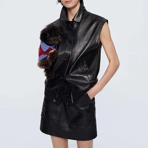 Women's genuine leather coat - HN6164 Women's Black Oil-Waxed Sheepskin Leather Vest Turn | OurHomly