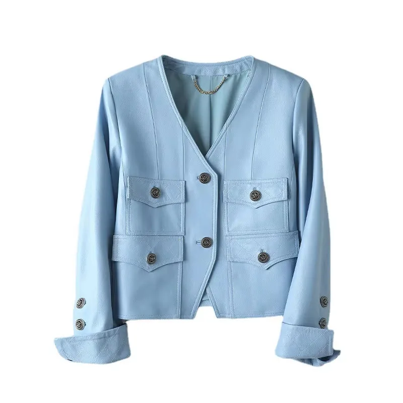 Women's genuine leather coat - Fashion Short Leather Coat Single Breasted V Neck Both Sid | OurHomly