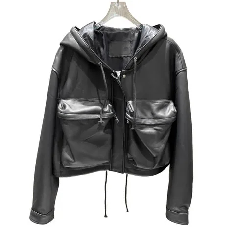 Women's genuine leather coat - High Quality Hooded Pocket Long Sleeves Black Casual Women | OurHomly