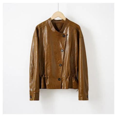 Women's genuine leather coat - Autumn and Winter Cold Jade Oil Wax Leather Drawstring Wai | OurHomly