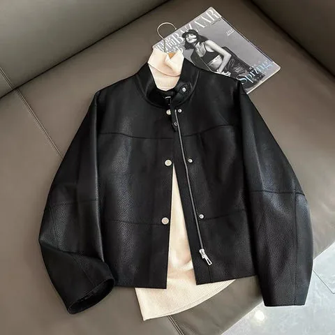 Women's genuine leather coat - Hot Selling Simple Style Casual Stand up Collar Short Shee | OurHomly