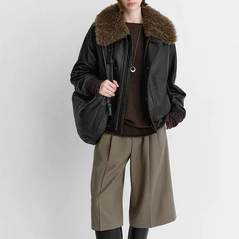Women's genuine leather coat - New European Style Lamb Fur Collar Vegetable Tanned Sheeps | OurHomly