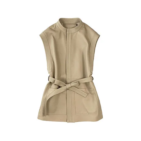 Women's genuine leather coat - Fashion Simple Belt Sleeveless Sheepskin Vest Medium Long | OurHomly