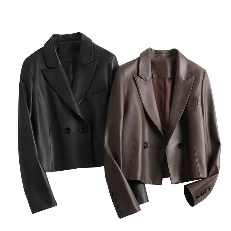 Women's genuine leather coat - Classic and Elegant Design Suit Lapel Pocket Genuine Leath | OurHomly