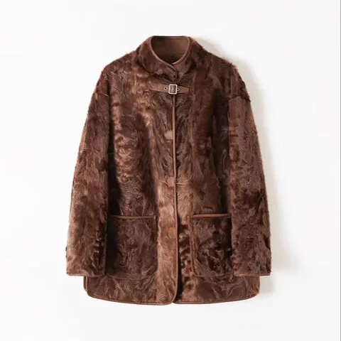 Women's genuine leather coat - Winter Coat Brown Luxury Real Fur Coat Stand Collar Lake W | OurHomly