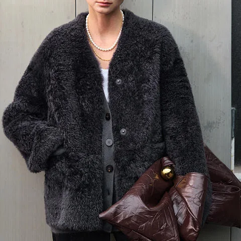 Women's genuine leather coat - Korean Style Fashion V-neck Single Breasted Leisure Natura | OurHomly
