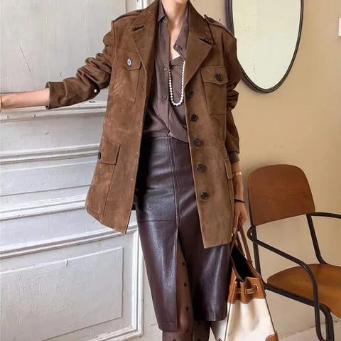 Women's genuine leather coat - New 2025 Sheepskin Coats Light Luxury Retro Suede Leather | OurHomly