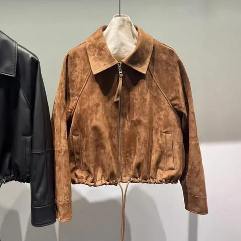 Women's genuine leather coat - New Arrival High End Suede Leather Cropped Coat Genuine Sh | OurHomly