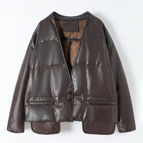 Women's genuine leather coat - Latest Products 2025 High End White Duck Down Coat V-neck | OurHomly