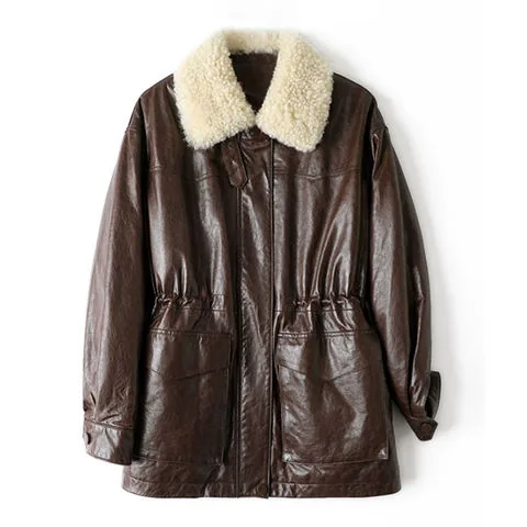 Women's genuine leather coat - Oil-waxed Sheepskin Detachable Lamb Fur Collar 90 Goose Do | OurHomly