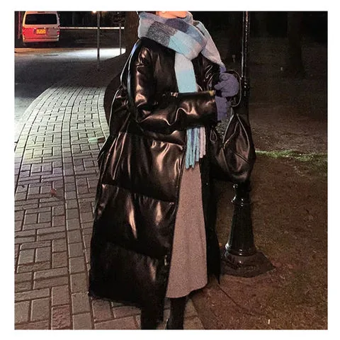 Women's genuine leather coat - Long Duck Down Winter Coats Stand Collar Black Semi-vegeta | OurHomly