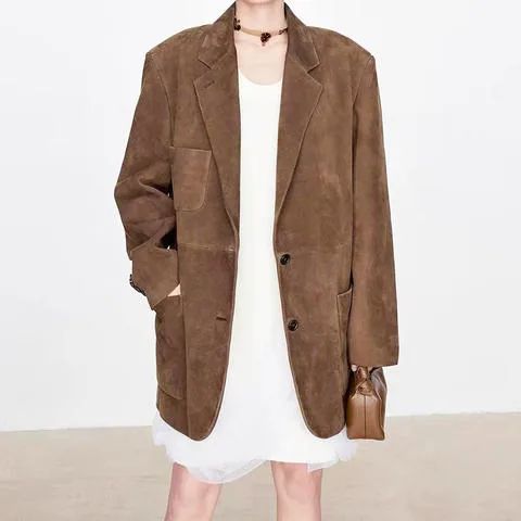 Women's genuine leather coat - New Fashionable Middle Long Single Breasted Pocket Loose S | OurHomly