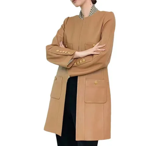 Women's genuine leather coat - Custom Long Sleeves O Neck Elegant Loose Brown Long Women' | OurHomly