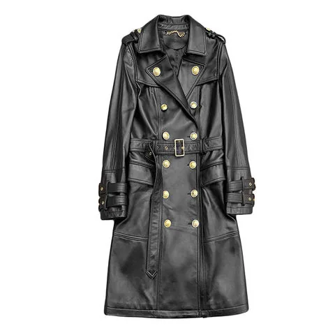 Women's genuine leather coat - New Fashion Natural Sheepskin Trendy Double Breasted Trenc | OurHomly